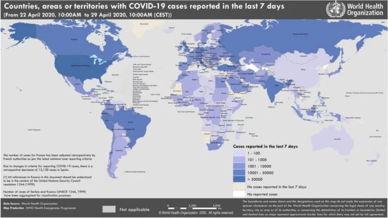 Countries, territories or areas with reported confirmed cases of COVID-19, 29 April 2020 (Source: WHO)